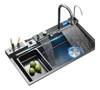 Évier de cuisine en acier 304 de qualité supérieure avec robinet cascade, bol unique, design multifonction, accessoires Clete - Ele Black (88 x 48 x 23 cm)