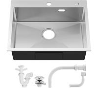 Évier de Cuisine en Acier Inox Brossé avec Siphon, 60×48 cm, Encastré Sous-Plan, Finition Brossée, Cuve Simple pour Cuisines Modernes