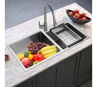 Évier de cuisine en acier inoxydable - 2 bacs - 78 x 43 x 21 cm - Double évier avec bonde et bonde