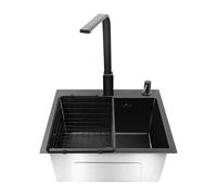 Évier de cuisine, en acier inoxydable 201, noir, 41 x 30,5 cm, avec robinet, panier d'égouttement, distributeur de savon, panier d'asphalte, dissolvant de savon noir, robinet carré noir, 2 valves