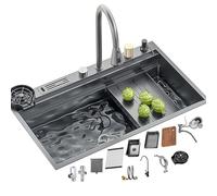 Évier de cuisine en acier inoxydable 304 - 85/100 x 52 cm de profondeur - Bol simple avec robinet cascade - Rinçage - Porte-couteau - Nano-revêtement - Gris acier