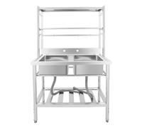 Évier de Cuisine en Acier Inoxydable 304 à 2 Compartiments, Double cuve, avec étagères et Crochets de Rangement, sur Pied, idéal pour la préparation et Le Service en sall