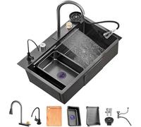 Évier de cuisine en acier inoxydable 304 à cuve unique avec robinet rabattable et accessoires Cleto - Ensemble d'évier moderne en cascade pour un usage familial - Finition grise