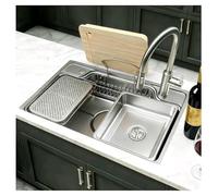 Évier de Cuisine en Acier Inoxydable 304 avec Grain Relief Evier Encastré Comprend un Panier Rangement Petit Bac Carré Support pour Planches Découper