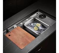 Évier de cuisine en acier inoxydable 304 avec rinceur et robinet en verre, évier de préparation à barre étagée à bol unique, grand évier de poste de travail de cuisine à poser (couleur : noir b