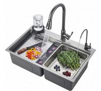 Évier de cuisine en acier inoxydable 304, double vasque micro-gaufrée de 4 mm avec rince-évier en verre, robinet extractible et bonde arrière