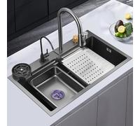 Évier de cuisine en acier inoxydable 304 - Évier de préparation à barre cascade avec robinet et assemblage de vidange, rondelle de tasse à encastrer/encastrer, gris pistolet, 68 x 45 x 22 cm