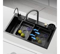 Évier de cuisine en acier inoxydable 304 noir - Poste de travail à une cuve avec robinet à douchette extractible et lave-tasses - Encastrable/Sous-plan - 65 x 45 cm - Usage domestique et commercial