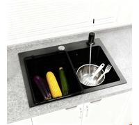 Évier de cuisine en acier inoxydable, 45 × 40 × 20 cm, multifonction, encastrable, en forme de X, avec robinet, tuyau d'évacuation, panier d'égouttement, deux trous, pour cuisine, caravane (noir)