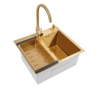 Évier de cuisine, en acier inoxydable, 50 x 45 cm, à 1 bac, encastrable, avec robinet et égouttoir, doré