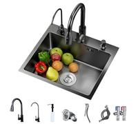 Évier de cuisine en acier inoxydable 50 x 45 cm avec revêtement noir, bac simple avec égouttoir, robinet froid/chaud, robinet d'eau potable, bonde et panier à tamis noir