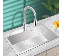 Évier de cuisine en acier inoxydable 55 x 45 cm - Bol simple moderne encastrable avec robinet extractible, design élégant pour cuisines contemporaines, durable et facile à nettoyer