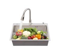 Évier de cuisine en acier inoxydable - 68 x 45 x 20 cm - Multifonction - 1 bac encastrable avec robinet extensible, panier d'égouttement, bonde et distributeur de savon - Argenté