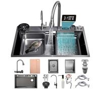 Évier de cuisine en acier inoxydable 85 x 50 cm avec robinet cascade noir et gris, ensemble de cuve unique pour la maison, comprend un nettoyeur haute pression, une planche à découper, un panier