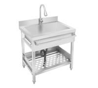 Évier de cuisine en acier inoxydable 86 cm avec robinet extensible pour restauration, lavabo avec protection anti-éclaboussures, 150 kg, pour garage, jardin, argenté