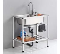 Évier de cuisine en acier inoxydable à cuve unique avec robinet et étagère, évier utilitaire polyvalent pour buanderie, garage, terrasse, 60 x 45 x 75 cm, utilisation en intérieur/extérieur