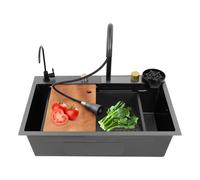Évier de cuisine en acier inoxydable avec cascade et robinet extensible, nano-revêtement en nid d'abeille, nettoyeur de tasses, planche à découper, panier d'égouttement, évier encastrable pour bureau