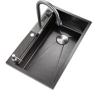 Évier de cuisine en acier inoxydable avec robinet cascade à affichage numérique, système de vidange avec vanne d'arrêt et panier incliné.