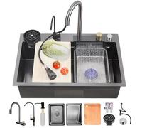 Évier de cuisine en acier inoxydable avec robinet cascade, cuve intégrée, planche à découper compatible et nettoyeur haute pression