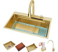 évier De Cuisine en Acier Inoxydable avec Robinet D’Eau Cascade Ensemble évier De Ferme Noir évier De Poste De Travail en Or avec Lave-Tasses Planche à Découper De Bassi, Gold, 68x45cm