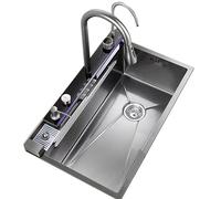 Évier de cuisine en acier inoxydable avec robinet en forme de baleine, bonde d'évacuation, vanne d'angle et panier incliné (68 x 45 cm)