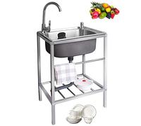 Évier de cuisine en acier inoxydable avec robinet, ensemble utilitaire autoportant à cuve unique pour restaurant commercial, lavabo avec étagère de rangement, bac à linge pour intérieur, extérieur, ga
