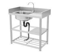 Évier de cuisine, en acier inoxydable, avec robinet et étagère, pose libre, 90 x 50 cm, plan de travail pour cuisine, terrasse, jardin, buanderie (A)