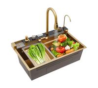 Évier de cuisine en acier inoxydable avec robinet extensible - Évier encastrable multifonction doré - Écran LCD - Plusieurs modes de pulvérisation - Revêtement nano - Rectangulaire - Moderne