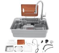 Évier de cuisine, en acier inoxydable, avec robinet extensible, multifonction, avec évier intérieur de rechange et planche à découper, 1 bac encastrable, panier à tamis et siphon (70 x 48 x 23 cm)