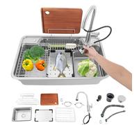 Évier de cuisine, en acier inoxydable, avec robinet extensible, multifonction, avec évier intérieur de rechange et planche à découper, 1 bac encastrable, panier à tamis et siphon (78 x 48 x 23 cm)