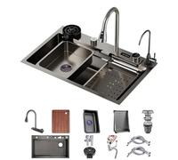 Évier de Cuisine en Acier Inoxydable avec Robinet extractible, évier de Bar Multifonctionnel à Cascade, évier Simple pour Camping-Car Nano avec Ensemble d'accessoires co
