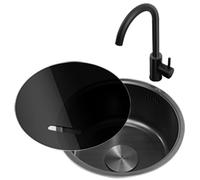 Évier de cuisine en acier inoxydable avec robinet rond, bonde d'évacuation, tuyau d'évacuation et vanne d'angle d'arrivée d'eau (32 * 32 cm)