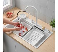 Évier De Cuisine en Acier Inoxydable Blanc À Une Seule Cuve avec Cascade d'eau Et Grande Bonde D'évacuation Idéal pour Le Lavage des Légumes(68 * 45cm)