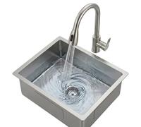 Évier de cuisine en acier inoxydable brossé, cuve unique de 200 mm de profondeur avec bonde inclinée et tuyau anti-odeurs en fil d'acier