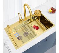 Évier de cuisine en acier inoxydable brossé D 75 x 45 cm 210 mm de profondeur avec robinet pulvérisateur extractible haute pression S Rr & kit de vidage panier égouttoir