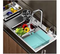 Évier De Cuisine en Acier Inoxydable Cascade Intégrée Et Robinet Rétractable Ensemble De Grande Cuve Évier avec Nano Revêtement Ferme Poste De Travail Évier Kit, Silver, 75x45CM