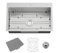 Évier de cuisine en acier inoxydable de 71,1 x 45,7 cm - Évier de cuisine à montage sur le dessus - Look élégant et moderne - Avec grille inférieure, tapis en silicone et système d'évacuation pour