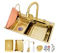 Évier de cuisine en acier inoxydable doré de qualité supérieure - Station de travail à cuve unique de 80 x 50 cm avec robinet extractible, panier de vidange et kit de déchets - Design polyvalent à