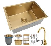 Évier de cuisine en acier inoxydable doré - Évier de cuisine à cuve simple nano-revêtement facile à nettoyer fait à la main - Installation encastrable ou encastrable - Plusieurs tailles avec kit de