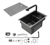 Évier de cuisine en acier inoxydable - Évier invisible pour bar de cuisine et caravane - Évier encastré avec couvercle - Évier simple avec robinet extensible rabattable - 30 x 45 x 23 cm (extensible)