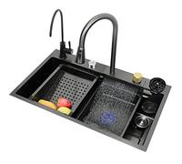 Évier de cuisine en acier inoxydable, évier Nano Waterfall en acier inoxydable 304, poste de travail unique avec robinet extractible effet pluie et lave-tasses sous pression