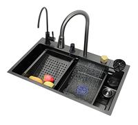 Évier de cuisine en acier inoxydable, évier Nano Waterfall en acier inoxydable 304, poste de travail unique avec robinet extractible effet pluie et lave-tasses sous pression