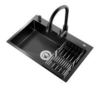 Évier de cuisine en acier inoxydable, évier sous plan à une cuve avec robinet d'eau chaude et froide, égouttoir, distributeur de savon et ensemble de vidange, 3 trous de robinet pour cuisine