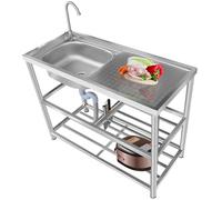 Évier de cuisine en acier inoxydable, évier utilitaire à cuve unique avec égouttoir, station de lavage des mains portable d'extérieur avec robinet pour garage et buanderie
