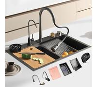 Évier De Cuisine en Acier Inoxydable Gris Noir Nano-Enduit - Évier De Poste De Travail De 80 Cm De Large avec Robinet Coulissant, Lave-Verre Et Accessoires - Bassin Profond Moder, A, 85x45cm