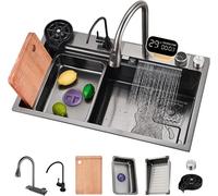 Évier De Cuisine en Acier Inoxydable Gris Noir Nano-Enduit - Évier De Poste De Travail De 80 Cm De Large avec Robinet Coulissant, Lave-Verre Et Accessoires - Bassin Profond Moder, B, 75x50cm