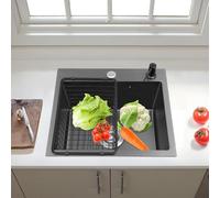 Évier de cuisine, en acier inoxydable, noir, 45 x 40 cm, encastrable, avec 1 bassin, panier d'égouttement, distributeur de savon et trop-plein, évier moderne, pour cuisine et sous-sol