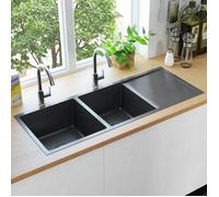 Évier de cuisine en acier inoxydable noir avec double vasque extra-profonde et crépine à déchets - 1068