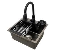 Évier de cuisine en acier inoxydable noir avec robinet extensible et panier d'égouttement 1 bac pour cuisines, restaurants, cafés, bars, hôtels, 45 x 40 cm