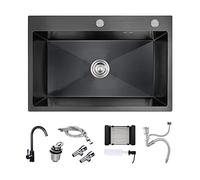 Évier de cuisine en acier inoxydable noir - Bol simple à poser sur le dessus pour bar, buanderie, utilisation en extérieur avec raccord de tuyau - Design utilitaire moderne